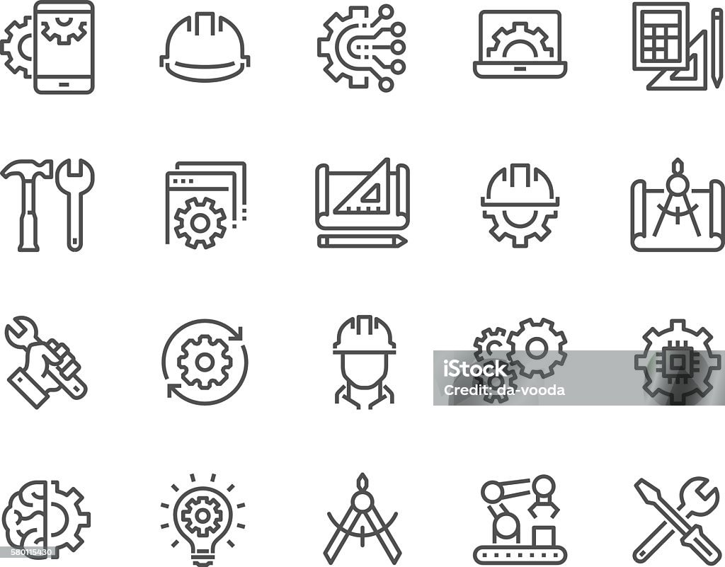 Line Engineering Icons Simple Set of Engineering Related Vector Line Icons. Contains such Icons as Manufacturing, Engineer, Production, Settings and more. Editable Stroke. 48x48 Pixel Perfect. Icon Symbol stock vector