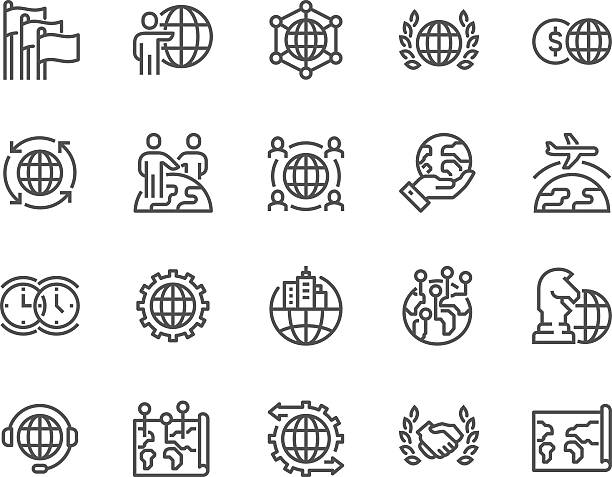 illustrazioni stock, clip art, cartoni animati e icone di tendenza di icone aziendali globali line - human hand earth holding people