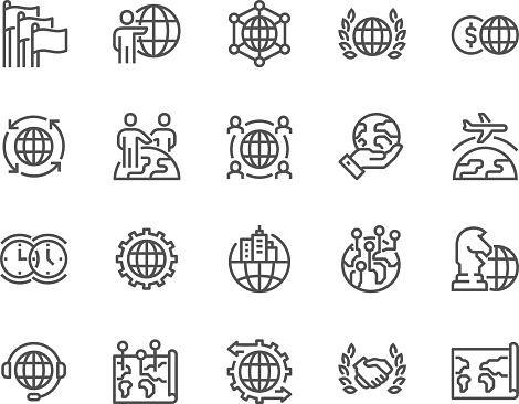 Simple Set of Global Business Related Vector Line Icons. Contains such Icons as International Partnership, Outsourcing, Branch Office and more. Editable Stroke. 48x48 Pixel Perfect.