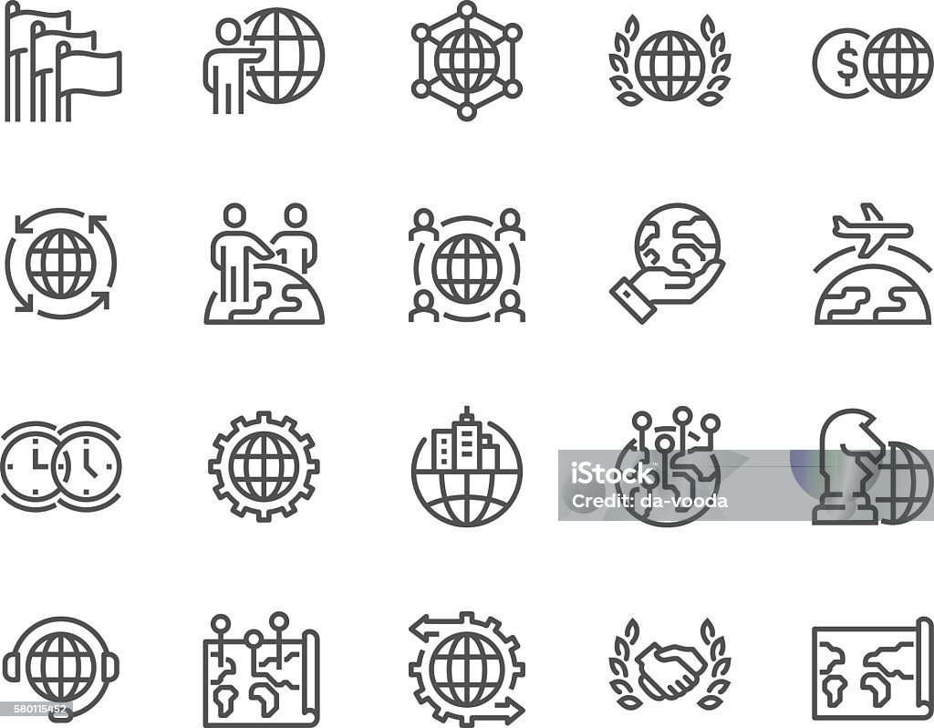 Line Global Business Icons Simple Set of Global Business Related Vector Line Icons. Contains such Icons as International Partnership, Outsourcing, Branch Office and more. Editable Stroke. 48x48 Pixel Perfect. Icon Symbol stock vector