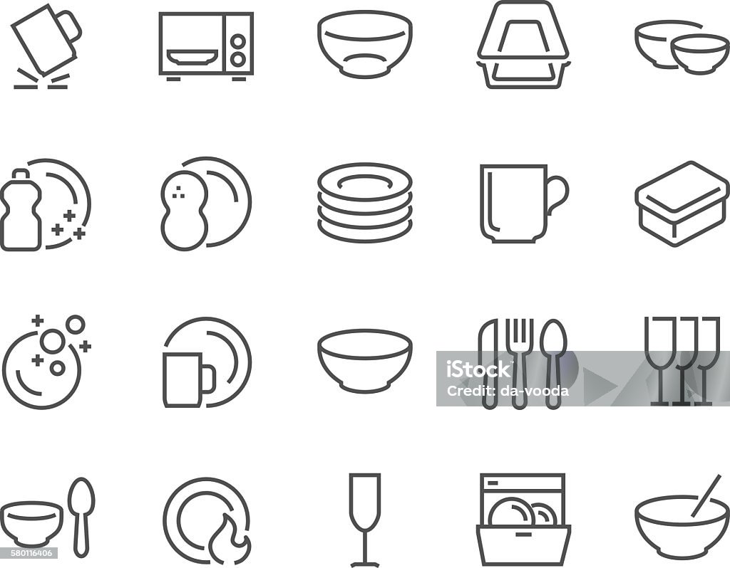 Line Dish and Plates Icons Simple Set of Dish and Plates Related Vector Line Icons. Contains such Icons as Plate Stack, Wineglass, Detergent, Unbreakable Dishes and more Editable Stroke. 48x48 Pixel Perfect. Crockery stock vector