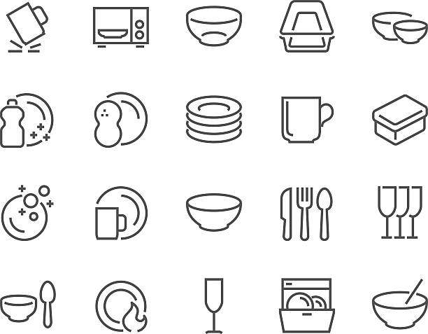 Line Dish and Plates Icons Simple Set of Dish and Plates Related Vector Line Icons. Contains such Icons as Plate Stack, Wineglass, Detergent, Unbreakable Dishes and more Editable Stroke. 48x48 Pixel Perfect. crockery stock illustrations