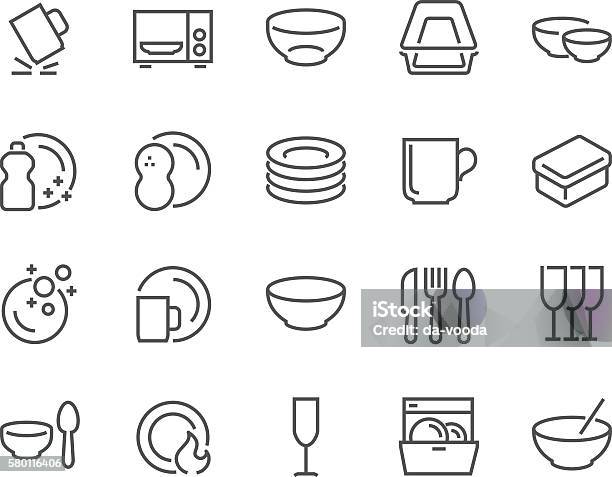 Line Dish And Plates Icons Stock Illustration - Download Image Now - Crockery, Icon Symbol, Plate