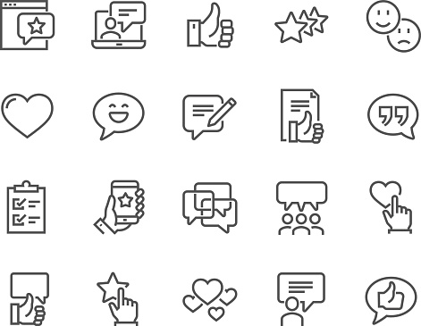 Simple Set of Testimonials Related Vector Line Icons. Contains such Icons as Customer Relationship Management, Feedback, Review, Emotion symbols and more. Editable Stroke. 48x48 Pixel Perfect.