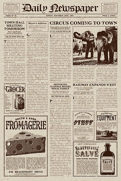 Vintage Victorian Style Newspaper Design Template A vector illustration of an old fashioned newspaper in a Victorian style of typography. Decorative typefaces are mixed together to create the design. Download includes AI10 EPS and a high resolution JPEG file.  old newspaper stock illustrations