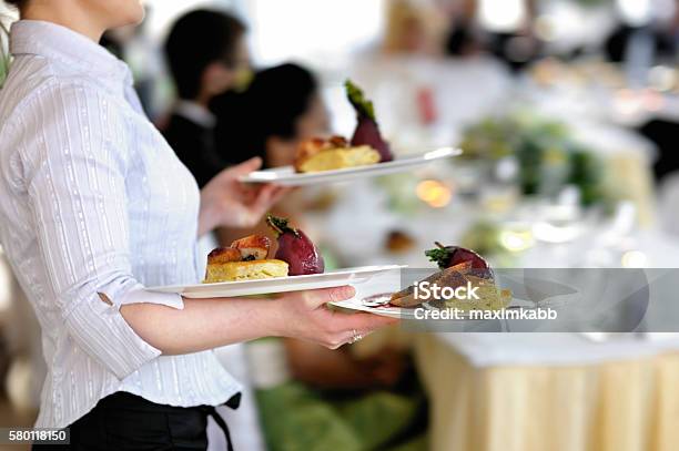 Waitress Is Carrying Three Plates Stock Photo - Download Image Now - Waiter, Waitress, Wedding