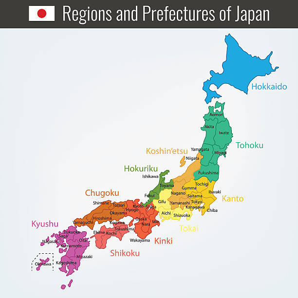 ilustraciones, imágenes clip art, dibujos animados e iconos de stock de mapa administrativo de japón. regiones y prefecturas. vector - honshu