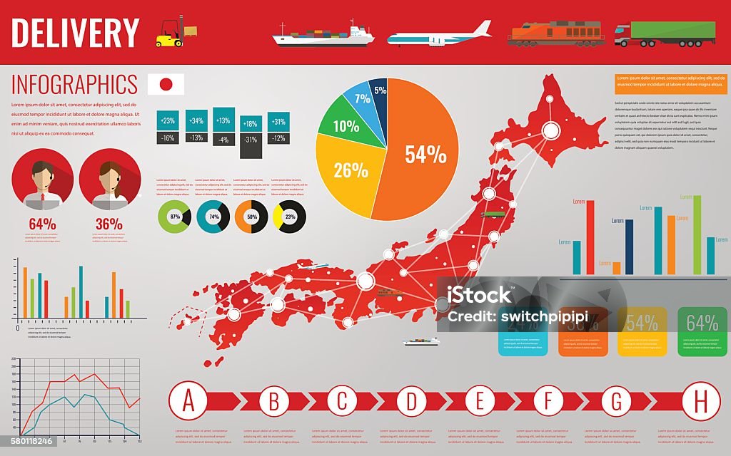 Transporte y logística de Japón. Elementos infográficos de entrega y envío. vector - arte vectorial de Abstracto libre de derechos