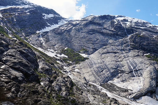 Mountains in Norway with ice/ glacier at the top.