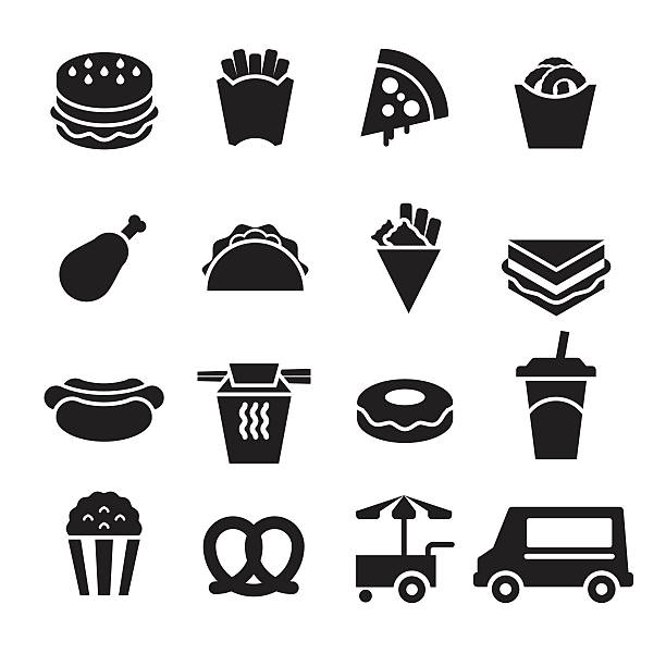 иконки быстрого питания (черное издание) - хот дог stock illustrations