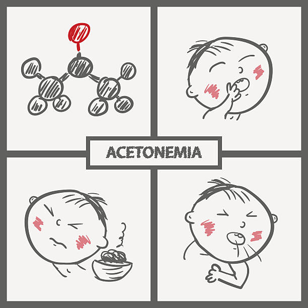 Child with Acetonemia Symptoms Icons Child with acetonemia symptoms and the acetone molecule. Hand drawn vector icons. retching stock illustrations