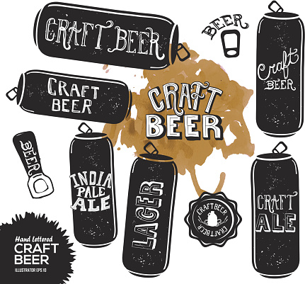 Vector illustration of a Hand lettered set of Hand lettered set of craft beer cans with watercolor texture.