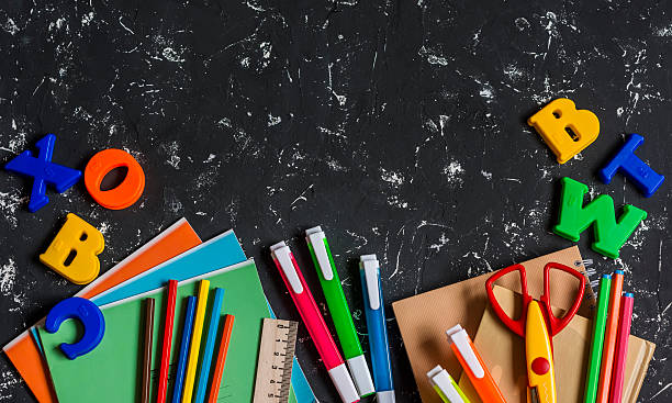 istock School accessories, stationery on dark background. Top view 580131082