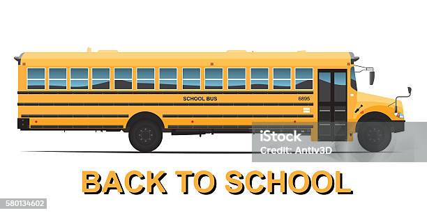 Ilustración de Autobús Escolar Amarillo Realista y más Vectores Libres de Derechos de Autobús de colegio - Autobús de colegio, Vista de costado, Fondo blanco