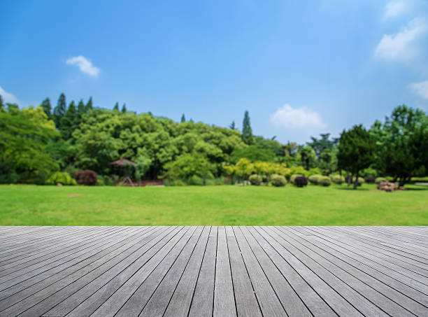 istock Wooden platform with green field defocused abstract background 580135602