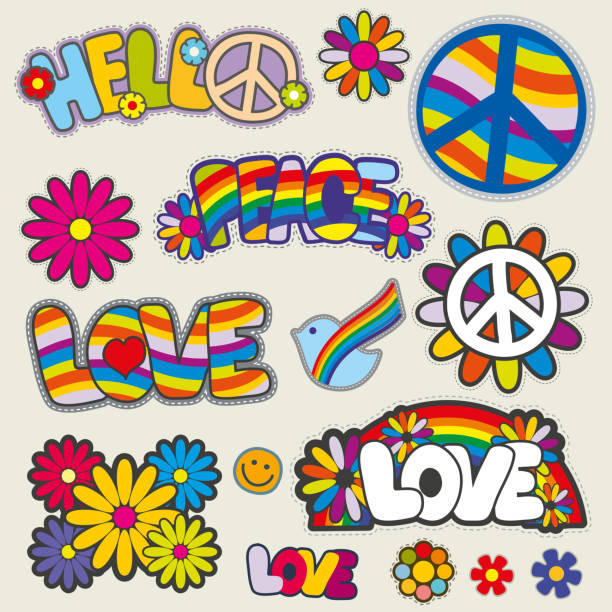 illustrazioni stock, clip art, cartoni animati e icone di tendenza di emblemi vettoriali patch hippie retrò - symbols of peace immagine