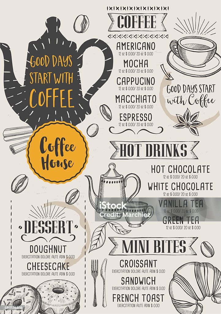 Coffee cafe menu, template design. Coffee restaurant brochure vector, coffee shop menu design. Vector cafe template with hand-drawn graphic. Coffee flyer. American Culture stock vector