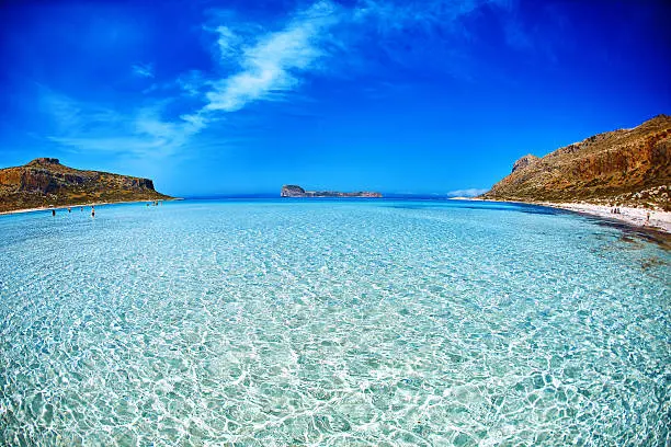 panoramic view on Balos beach, Crete, Greece. light sand under the clear water in the foreground.
