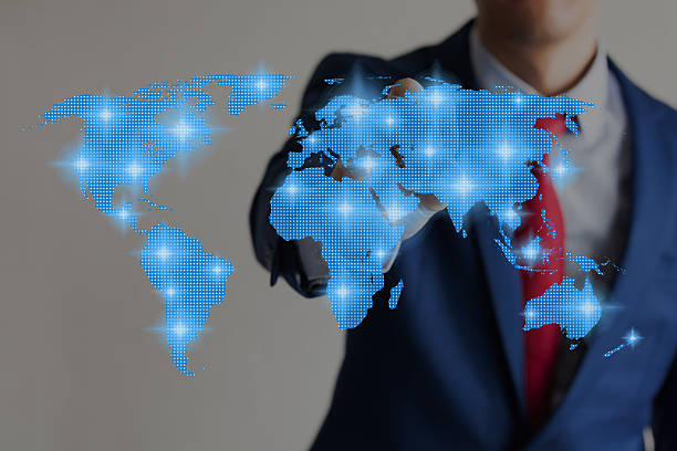 istock Businessman touching blue virtual world map connected to each other 582258442