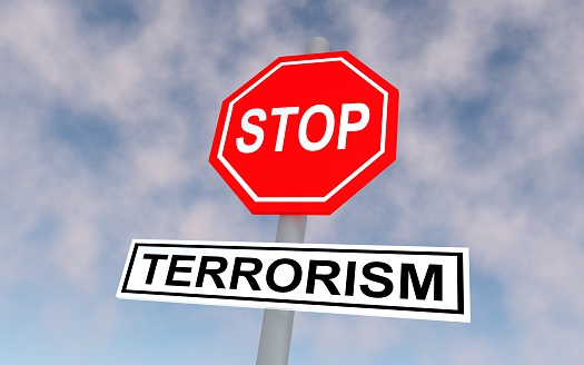 The road sign with text stop terrorism. 3D rendering.