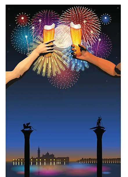 Vector illustration of Festa del Redentore[Fireworks and full moon and beer]