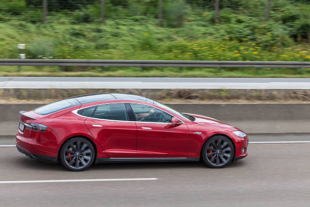 Tesla Model S on the highway stock photo