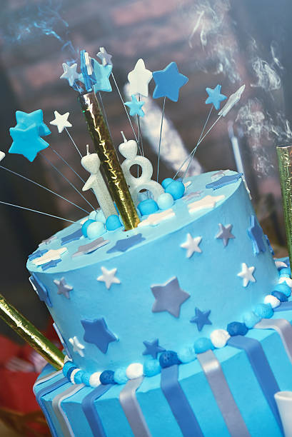 istock Birthday Blue Cake with smoke 582261936