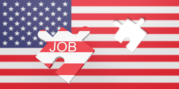 Job in the USA: Missing puzzle piece in US flag, 3d illustration