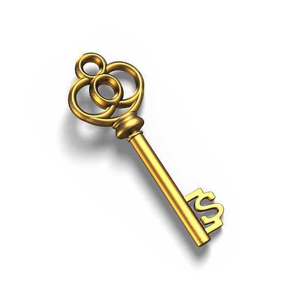 istock Old dollar shape treasure key in gold, isolated on white 582265564