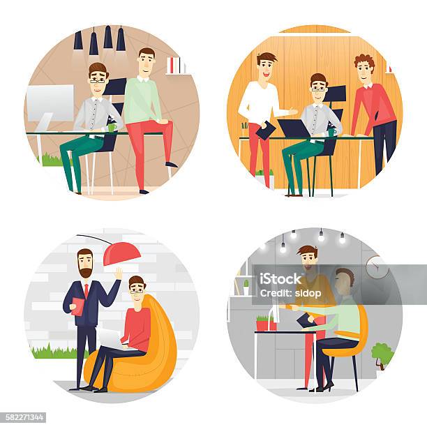 Business Cartoon Characters People Talking And Working At The Computers Stock Illustration - Download Image Now