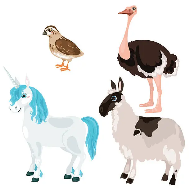 Vector illustration of Unicorn, ostrich, deer and little bird, vector