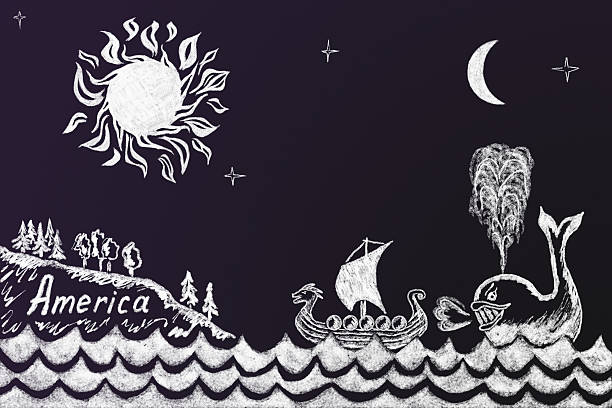 Funny education chalk drawing about how the whale forced Vikings discover America