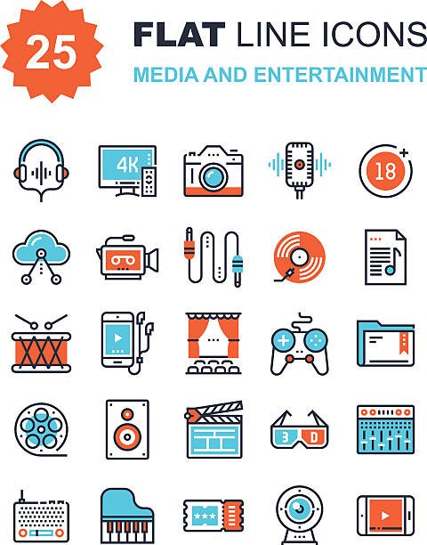 Media and Entertainment Abstract vector collection of flat line media and entertainment icons. Elements for mobile and web applications. headphones plugged in photos stock illustrations