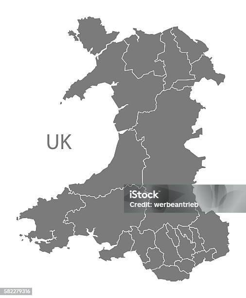 Wales Map With Regions Grey Stock Illustration - Download Image Now - Wales, Map, Computer Graphic