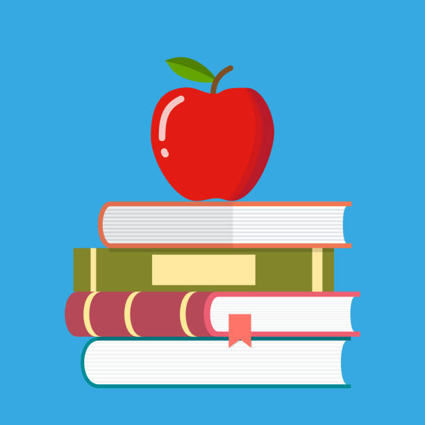 Red apple on a pile of books Red apple on a pile of books. education symbol. vector illustration in flat style on blue background textbook illustrations stock illustrations