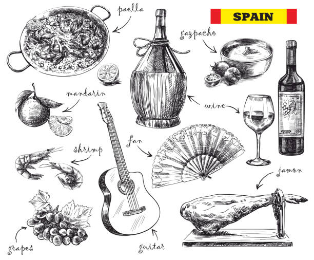 food, drink and the mood in Spain hand drawn sketches of food, drink and the mood in Spain on a white background spain illustrations stock illustrations