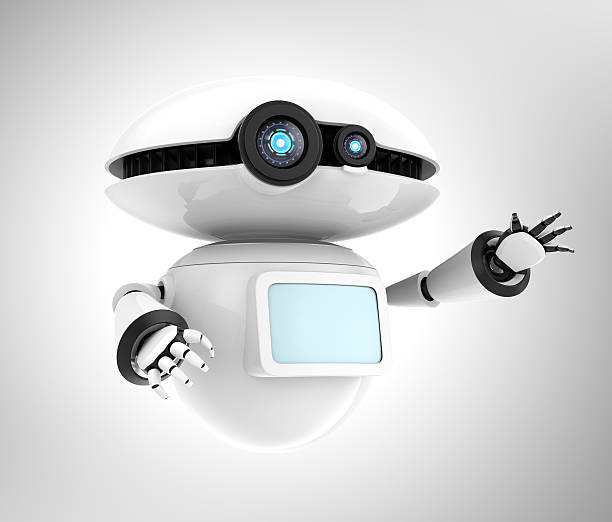 White robot with blank monitor isolated on gray background stock photo
