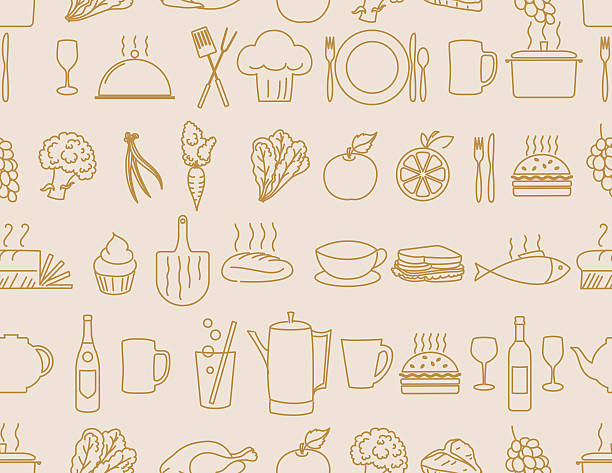 ilustrações de stock, clip art, desenhos animados e ícones de thin line art restaurant and food industry icons seamless pattern - turkey sandwich illustrations