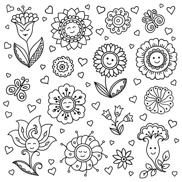 ilustraciones, imágenes clip art, dibujos animados e iconos de stock de flor de patrón vectorial con sonrisa. estilo doodle para libro para colorear. - flower flourishes paint backgrounds