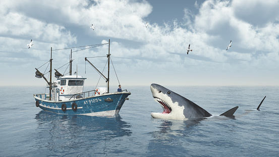 Computer generated 3D illustration with fishing trawler and great white shark