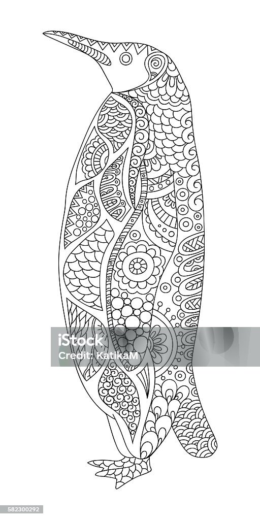 stylized penguin. Sketch for coloring book stylized penguin. Sketch for coloring book, poster, print, or tattoo. Hand Drawn vector illustration doodle animal. Adult antistress coloring page. Mandala stock vector