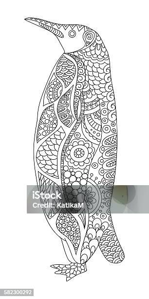 Stylized Penguin Sketch For Coloring Book Stock Illustration - Download Image Now - Mandala, Coloring, Penguin