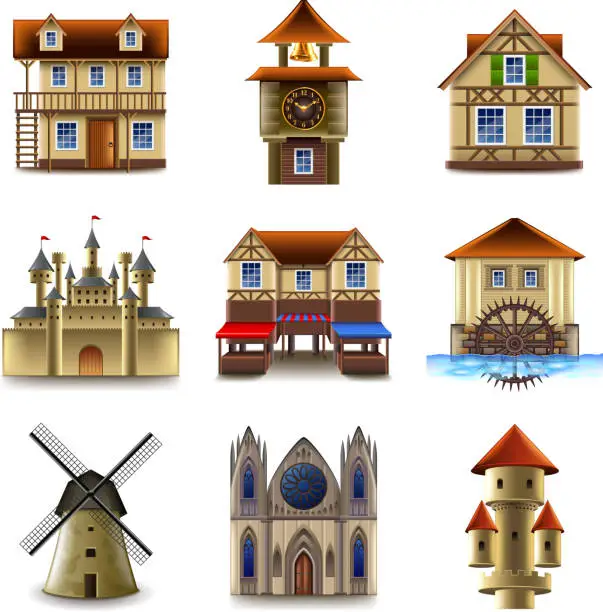 Vector illustration of Medieval buildings icons vector set