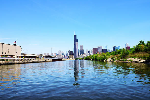The iconic Chicago Skyline from Navy Pier on a beautiful blue sky day featuring the Willis or former Sears tower