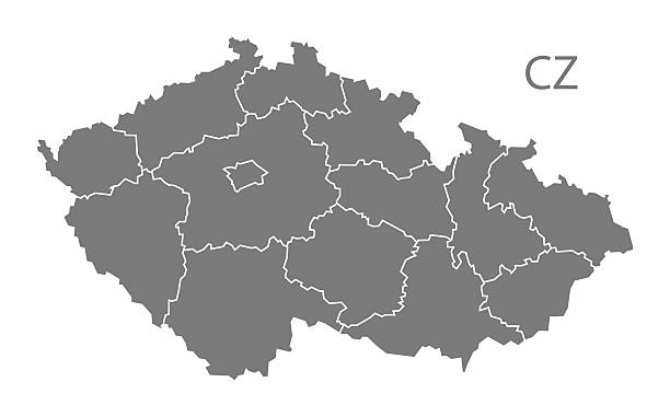 ilustrações, clipart, desenhos animados e ícones de regiões da república tcheca mapa cinza - república tcheca