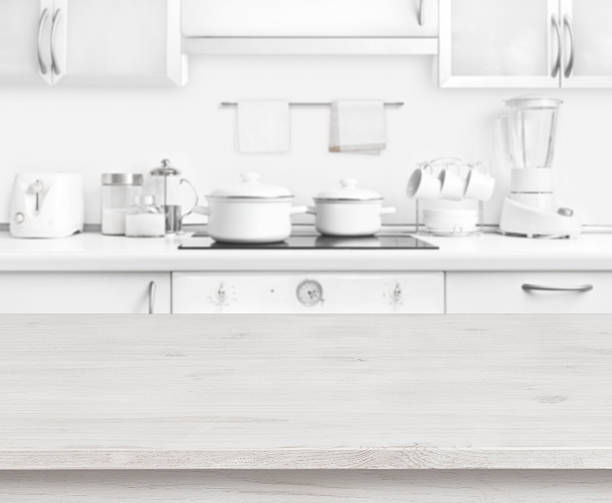 wooden table on white modern kitchen interior background, pastel colors - blender white empty sparse imagens e fotografias de stock