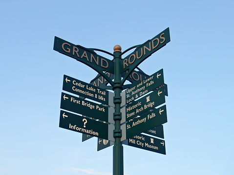 A directional sign in the Grand Rounds National Scenic Byway in Minneapolis, Minnesota.