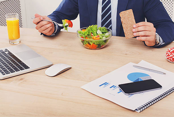 istock Healthy business lunch top view at table. 582304848