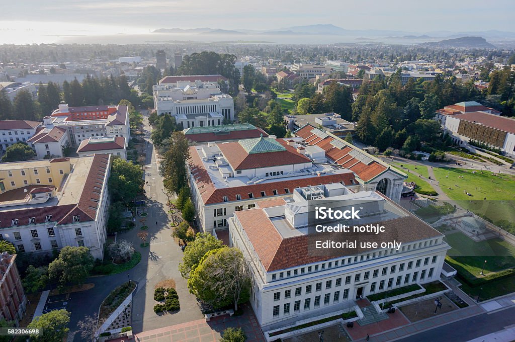 Aerial View of UC Berkeley Campus Buildings This photo was taken from the top of Sather Tower on UC Berkeley campus.  Berkeley - California Stock Photo