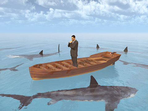 Computer generated 3D illustration with a businessman in a boat surrounded by sharks